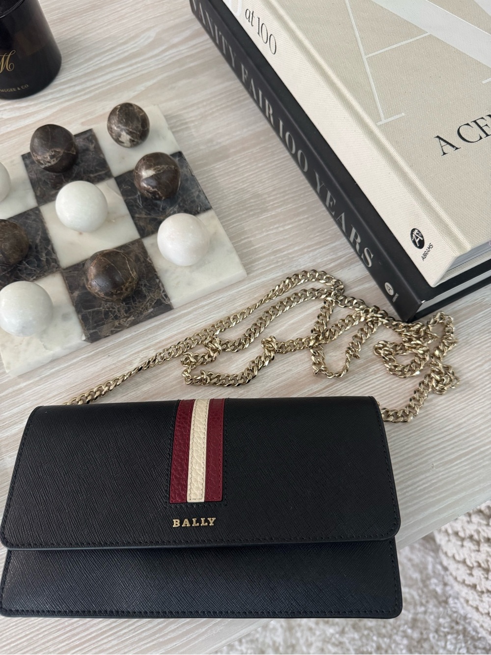 Bally Black Leather Crossbody Wallet with Burgundy and Cream Stripe